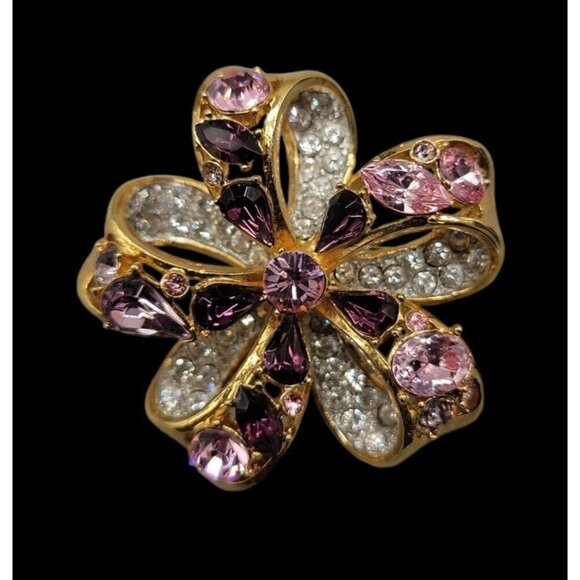 Nolan Miller Brooch Amethyst Purple & Clear Crystals Double Layer Gold Tone - Picture 2 of 15